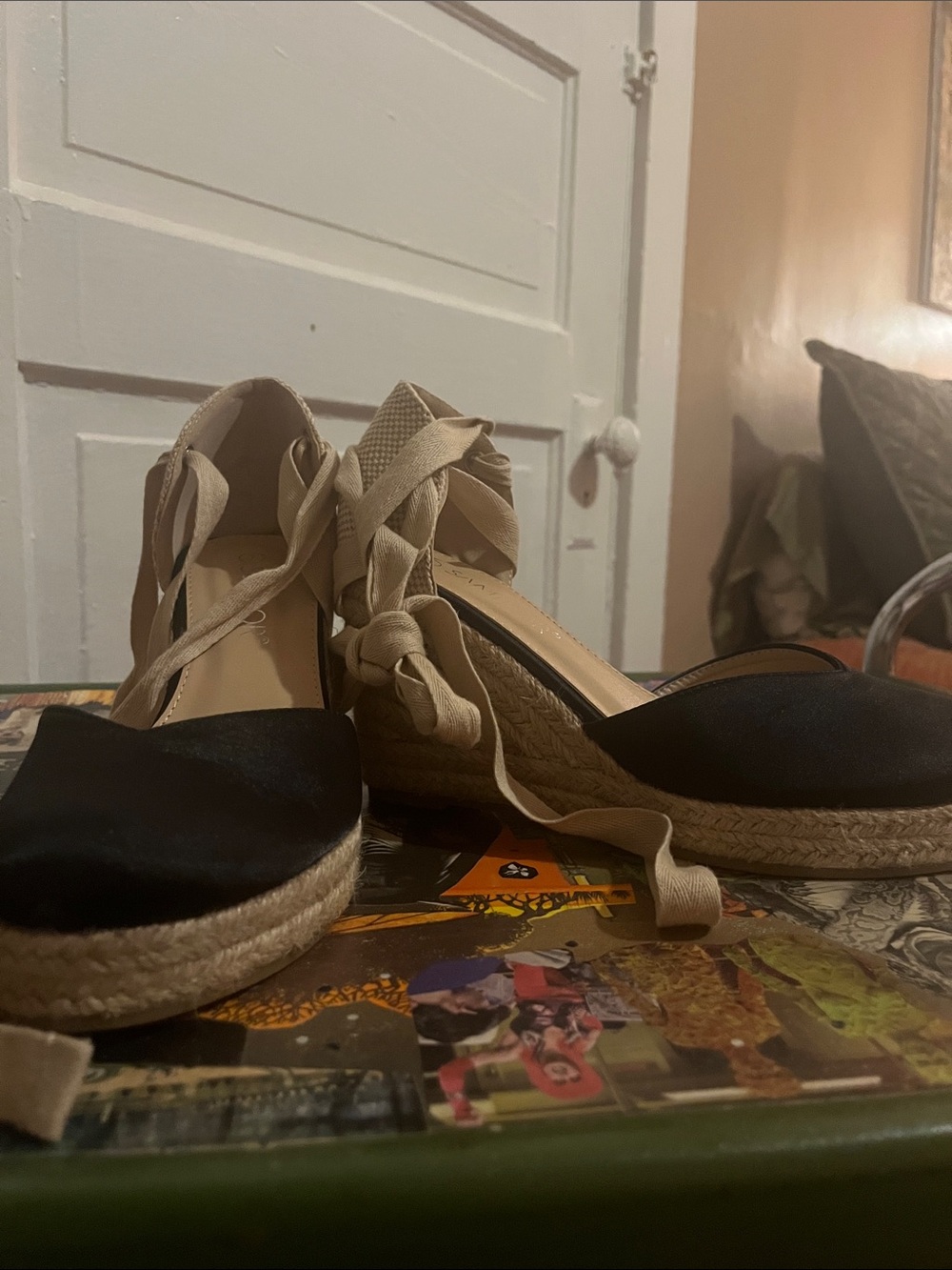 Sam Edelman Black and Natural Espadrille Wedge Tie-Up Sandals
